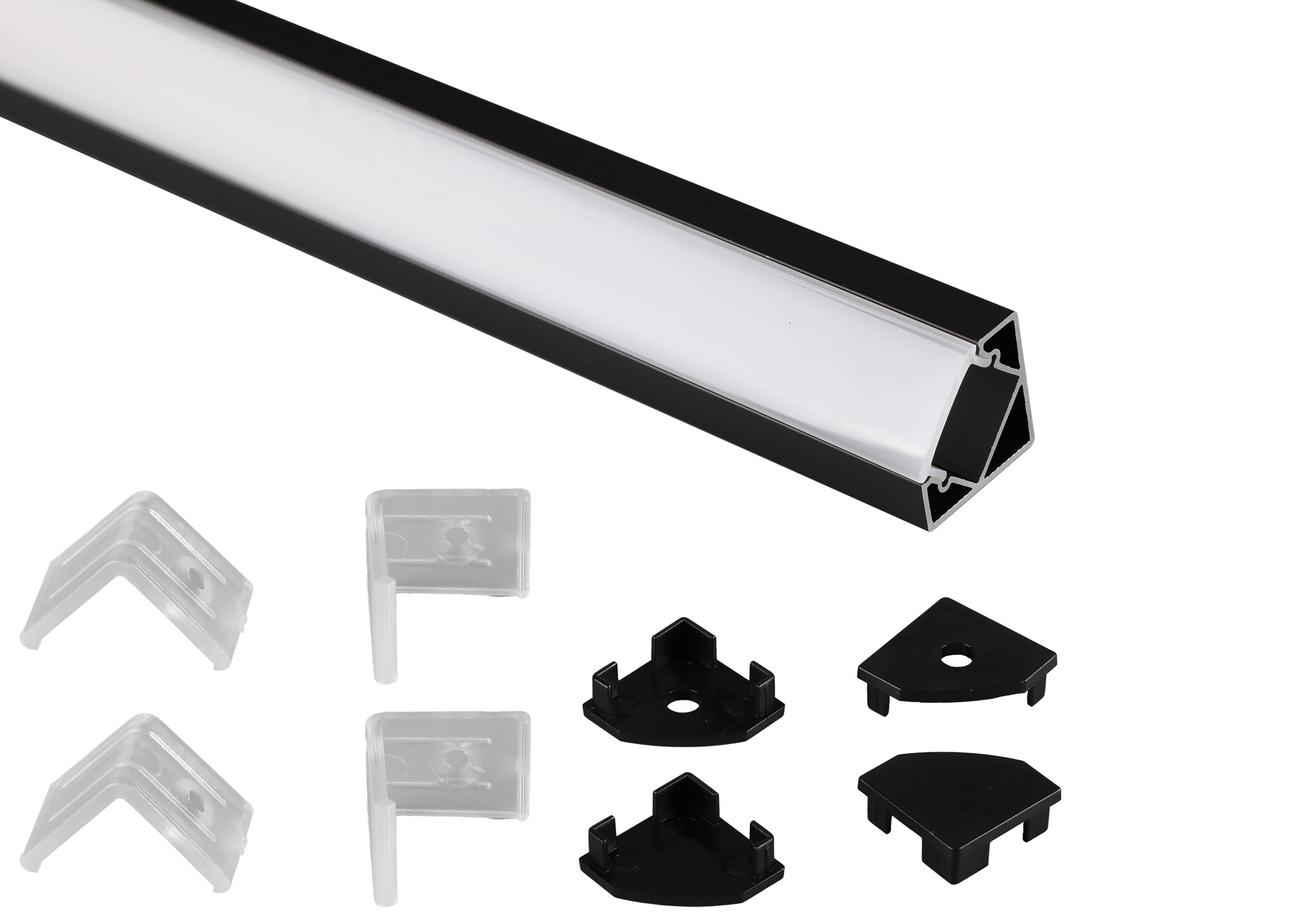 M7418  Tiras 2m, 18 x 18mm Black Corner Aluminium Profile With Diffuser And Accessories
